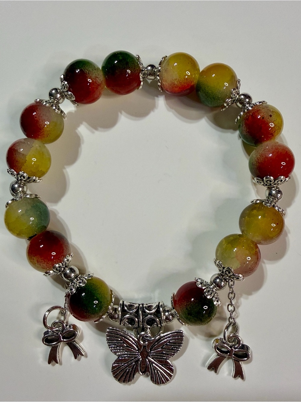 Multicolor Beaded Butterfly Charm Bracelet - Yellow Green Red